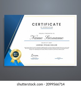 blue and gold certificate of appreciation template, luxury multipurpose certificate design with badge