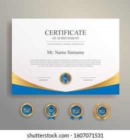 Blue and gold certificate with gold badge and border vector A4 template