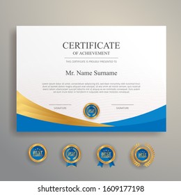 Blue and gold certificate with gold badge and border vector A4 template