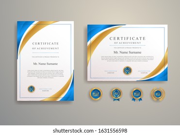 Blue and gold certificate with badge and border vector A4 template