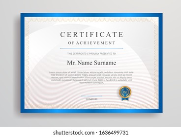 Blue And Gold Certificate With Badge And Border Vector A4 Template