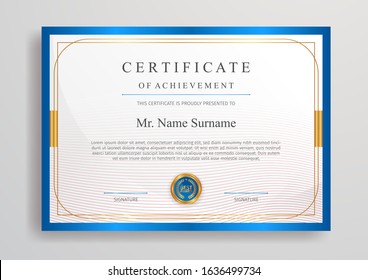 Blue And Gold Certificate With Badge And Border Vector A4 Template