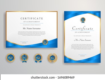 Blue and gold certificate with badge and border vector A4 template. For award, business, and education needs