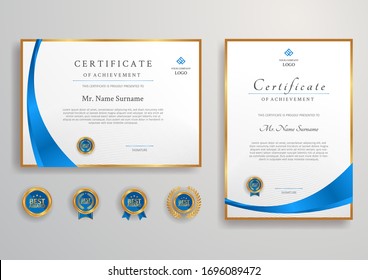 Blue and gold certificate with badge and border vector A4 template. For award, business, and education needs