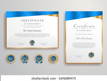 Blue and gold certificate with badge and border vector A4 template. For award, business, and education needs