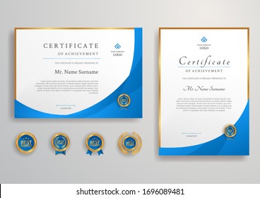 Blue and gold certificate with badge and border vector A4 template. For award, business, and education needs