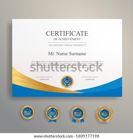 Blue and gold certificate with gold badge and border vector A4 template
