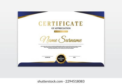 Blue and gold certificate border template. For appreciation, business and education needs