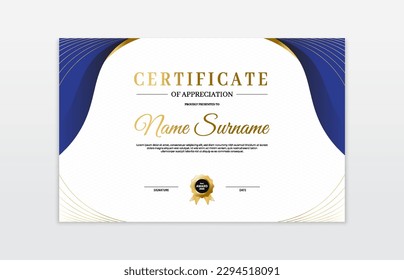 Blue and gold certificate border template. For appreciation, business and education needs