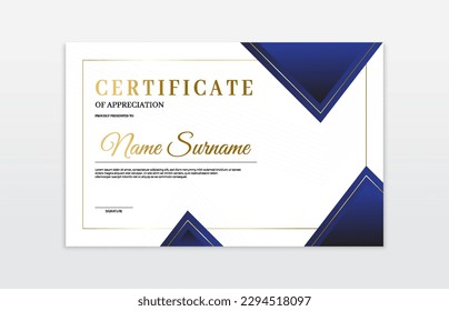 Blue and gold certificate border template. For appreciation, business and education needs
