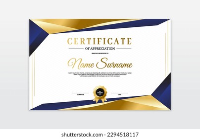 Blue and gold certificate border template. For appreciation, business and education needs