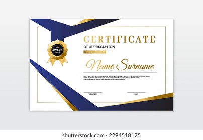 Blue and gold certificate border template. For appreciation, business and education needs