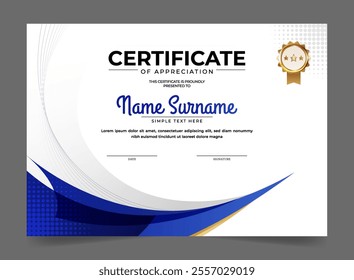 Blue and gold certificate border template. For appreciation, business and education needs