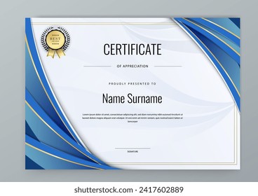 Blue and gold certificate of corporate template. Clean modern certificate with gold badge. Certificate border template with luxury and modern line pattern