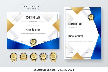 Blue and gold certificate design with luxury and modern certificate award design template pattern