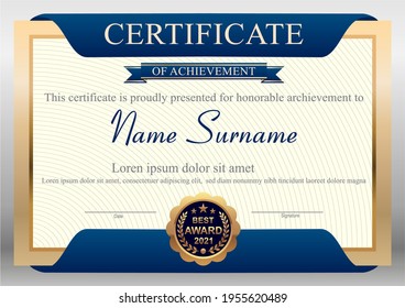 Blue and gold certificate design template with award and ribbon