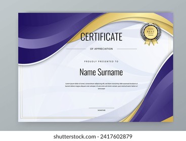 Blue and gold certificate modern elegant for appreciation, achievement, awards diploma, corporate