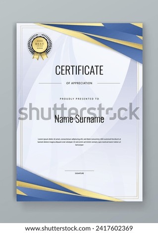 Blue and gold certificate modern elegant for appreciation, achievement, awards diploma, corporate