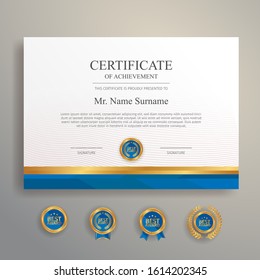 Blue and gold certificate template with badge and border vector A4 size
