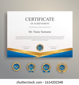 Blue And Gold Certificate Template With Badge And Border Vector A4 Size