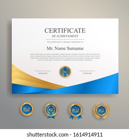 Blue and gold certificate template with badge and border vector A4