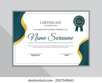 Blue and gold certificate template with badge. Luxury and modern certificate layout.
