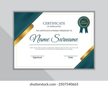 Blue and gold certificate template with badge. Luxury and modern certificate layout.