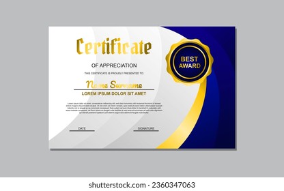 blue and gold certificate template design in luxury style. certificate for appreciation of business and education.