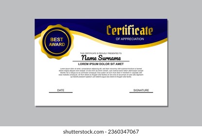 blue and gold certificate template design in luxury style. certificate for appreciation of business and education.