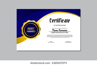 diseño de plantilla de certificado azul y dorado en estilo de lujo. certificado de apreciación de las empresas y la educación.
