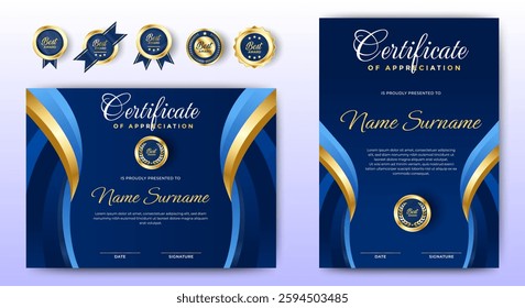 Blue and Gold Certificate template design. Premium editable Certificates for multipurpose. A4 Size. vector