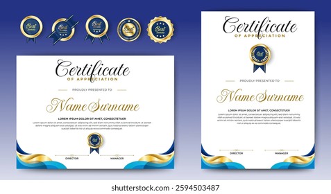 Blue and Gold Certificate template design. Premium editable Certificates for multipurpose. A4 Size. vector
