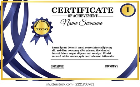 plantilla de certificado azul y dorado. diseño elegante de certificados para logro y apreciación