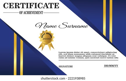 blue and gold certificate template. elegant certificate design for achievement and appreciation