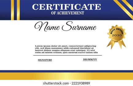blue and gold certificate template. elegant certificate design for achievement and appreciation