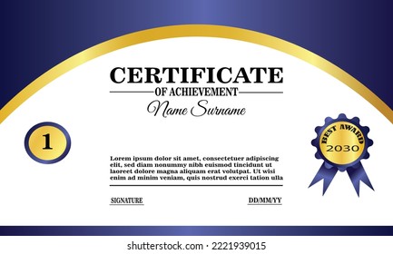 plantilla de certificado azul y dorado. diseño elegante de certificados para logro y apreciación