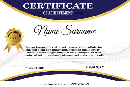 blue and gold certificate template. elegant certificate design for achievement and appreciation