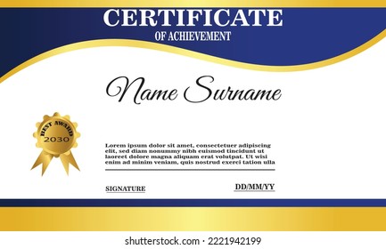blue and gold certificate template. elegant certificate design for achievement and appreciation