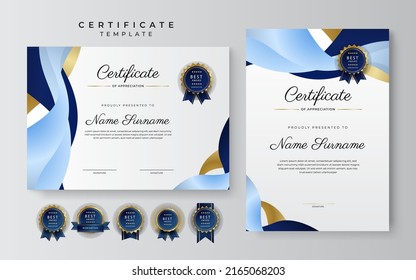 Blue gold certificate template with modern corporate design concept. Certificate of achievement for award, business recognition, diploma, online courses and much more