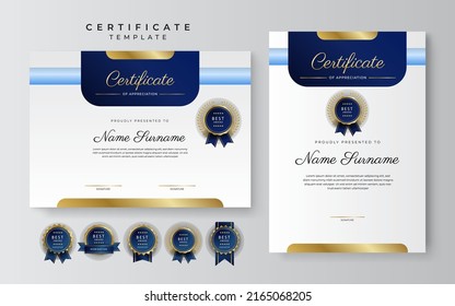 Blue gold certificate template with modern corporate design concept. Certificate of achievement for award, business recognition, diploma, online courses and much more