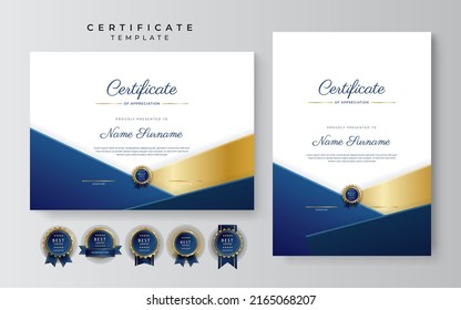 Blue gold certificate template with modern corporate design concept. Certificate of achievement for award, business recognition, diploma, online courses and much more
