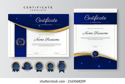 Blue gold certificate template with modern corporate design concept. Certificate of achievement for award, business recognition, diploma, online courses and much more
