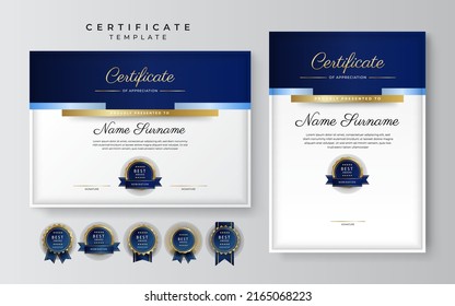 Blue gold certificate template with modern corporate design concept. Certificate of achievement for award, business recognition, diploma, online courses and much more