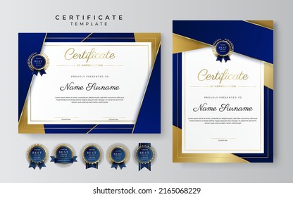 Blue gold certificate template with modern corporate design concept. Certificate of achievement for award, business recognition, diploma, online courses and much more