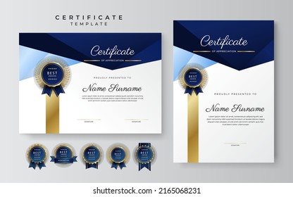 Plantilla de certificado de oro azul con concepto de diseño corporativo moderno. Certificado de realización de premios, reconocimiento de negocios, diploma, cursos en línea y mucho más