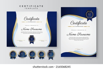 Blue gold certificate template with modern corporate design concept. Certificate of achievement for award, business recognition, diploma, online courses and much more