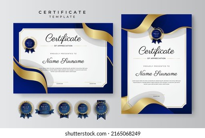 Blue gold certificate template with modern corporate design concept. Certificate of achievement for award, business recognition, diploma, online courses and much more