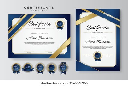 Blue gold certificate template with modern corporate design concept. Certificate of achievement for award, business recognition, diploma, online courses and much more