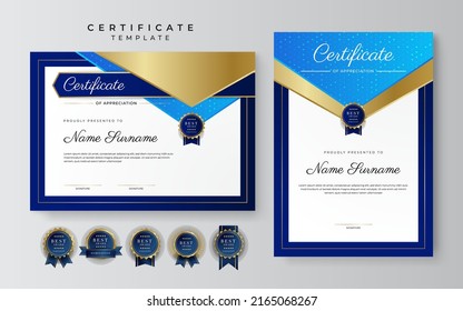 Blue gold certificate template with modern corporate design concept. Certificate of achievement for award, business recognition, diploma, online courses and much more