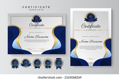 Blue gold certificate template with modern corporate design concept. Certificate of achievement for award, business recognition, diploma, online courses and much more
